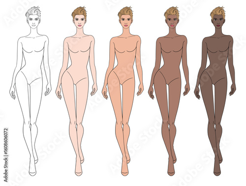 Colored skin tones fashion croquis figurines walking with blonde short hair woman in vector.