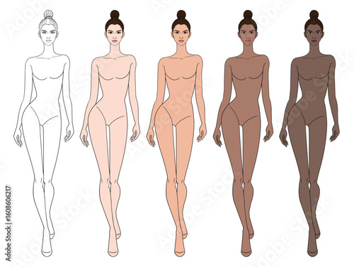 Colored skin tones fashion croquis figurines walking with bun hair woman in vector.