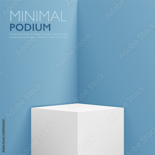 Minimal 3D realistic white square podium stand pedestal and blue color scene geometric shape interior background. Mockup, product display showcase, promotional sale banner or modern design