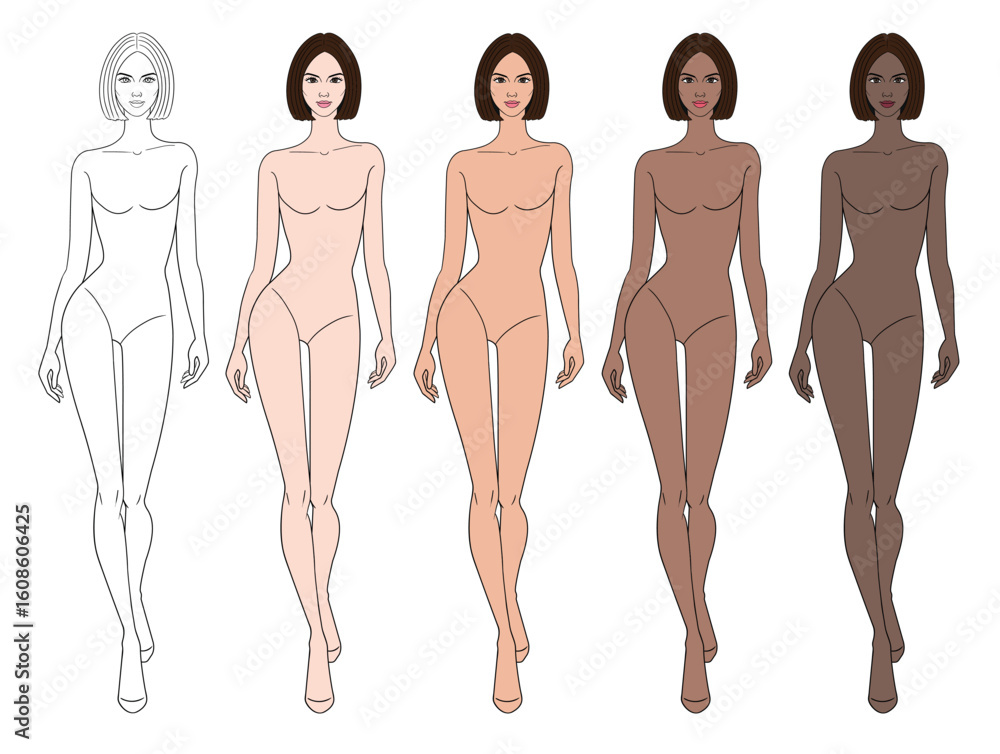 Colored skin tones fashion croquis figurines walking with modern bob short hair woman in vector. Colored skin tones fashion croquis figurines walking with modern bob short hair woman in vector.