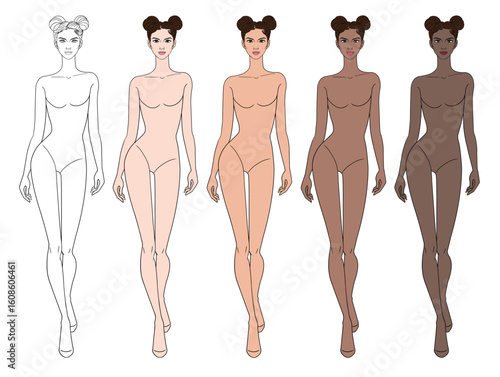 Colored skin tones fashion croquis figurines walking with two bun hair woman in vector.