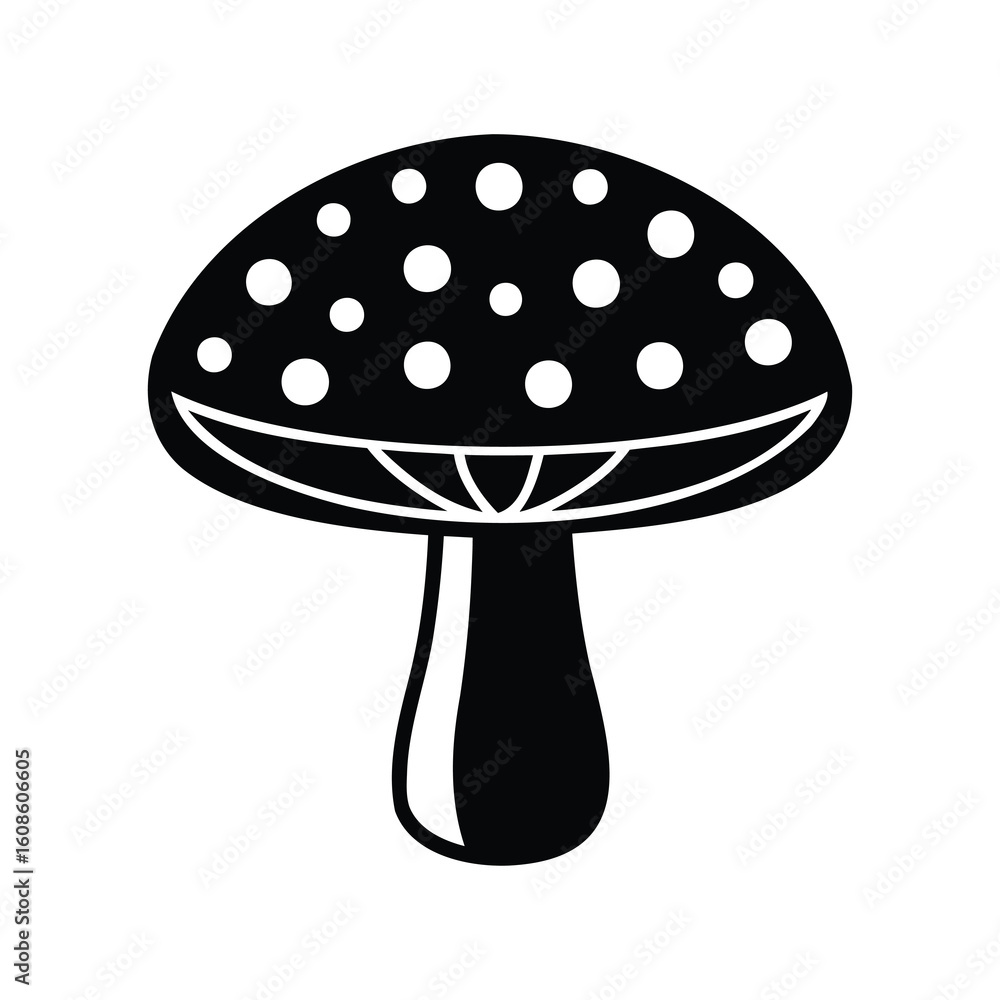 Stylized black and white illustration of a toadstool mushroom with white spots Stylized black and white illustration of a toadstool mushroom with white spots