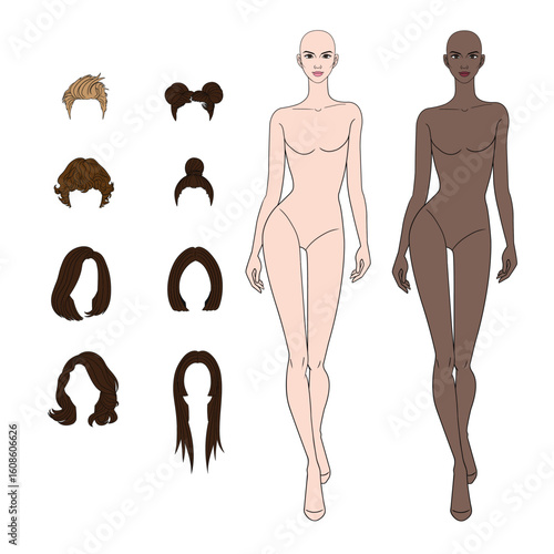 Mix and match Colored skin tones fashion croquis figurines female body walking with different hairs in vector.