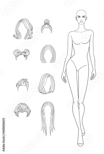 Mix and Match Fashion outline sketch croquis figurines female body walking with different hairs in vector.