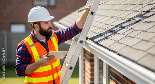 Professional Roofer on Ladder Inspecting Home for Repair Roof Work, Using Digital Tablet