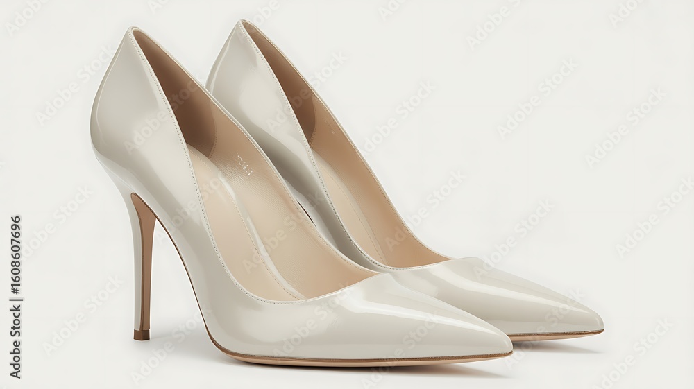 Elegant ivory leather stiletto high heel pumps on a light background Elegant ivory leather stiletto high heel pumps on a light background