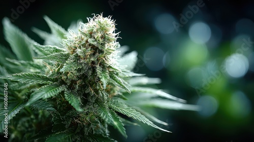 Cannabis Flower Bud on Plant with Bokeh Background