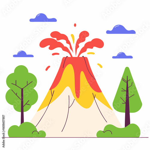 Cartoon erupting volcano with lava and trees