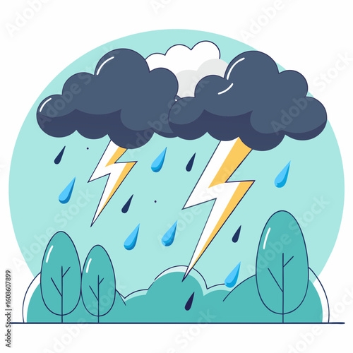Thunderstorm with lightning and rain over trees