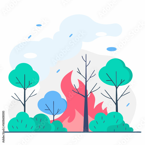 Forest fire burning trees with smoke rising into sky