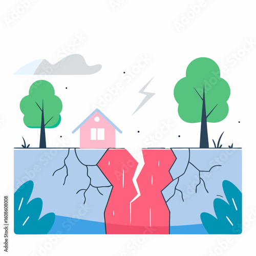 Earthquake with cracked ground and distant house