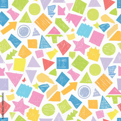 Vibrant geometric shapes playfully scattered across a cheerful, modern pattern ideal for kids' designs.