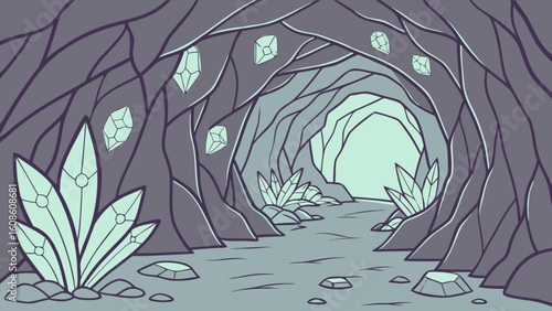 Explore crystal cave vector illustration, fantasy cavern landscape with glowing gems and rock formations art