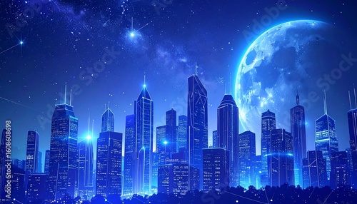 Fototapeta Naklejka Na Ścianę i Meble -  Futuristic city at night under a luminous moon