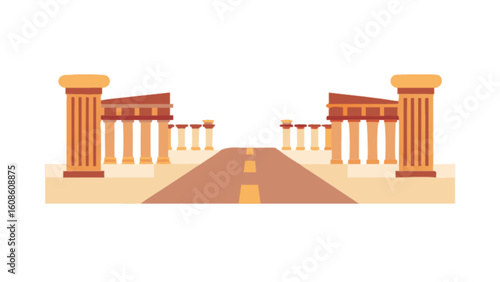 Ancient greek architecture road illustration with columns and pathway concept design element vector art
