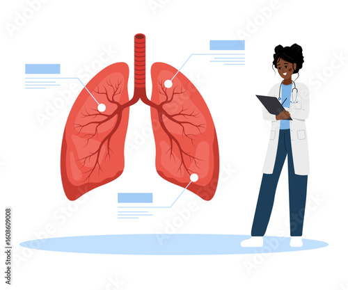 Pulmonologist concept. African Female doctor examination Respiratory system disease. Vector illustration in flat cartoon style.