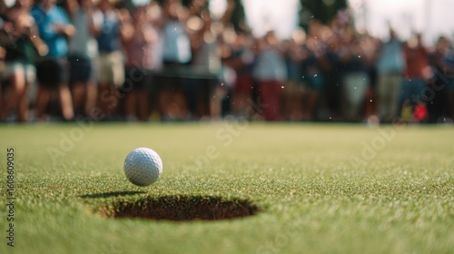 Golf ball and hole: A golf ball drops triumphantly into the hole on a lush green course, cheered on by a crowd of enthusiastic spectators, showcasing the thrill of a successful shot.
