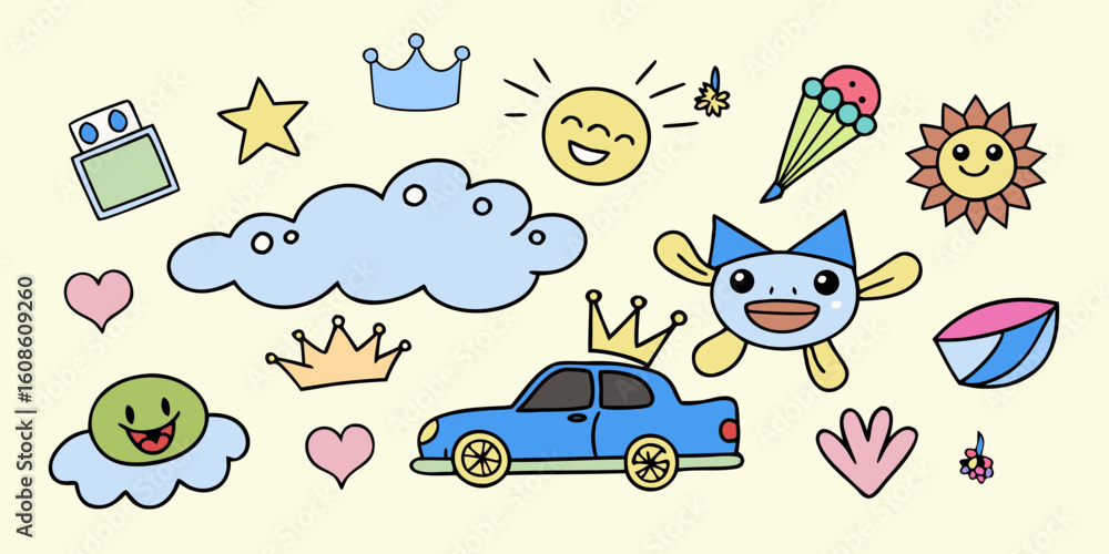 Fototapeta premium Colorful Cartoon Doodle Set with Car Cloud Crown Sun Star Heart Flower and Other Cute Elements