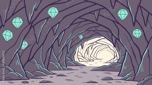 Explore the diamond cave adventure vector illustration with stalactites and gems for treasure hunters