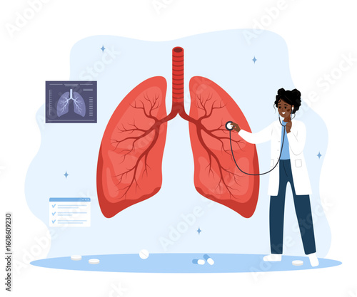 Pulmonologist concept. Medical check up. African Female Doctor listening to big realistic lungs with stethoscope. Flat Vector illustration.