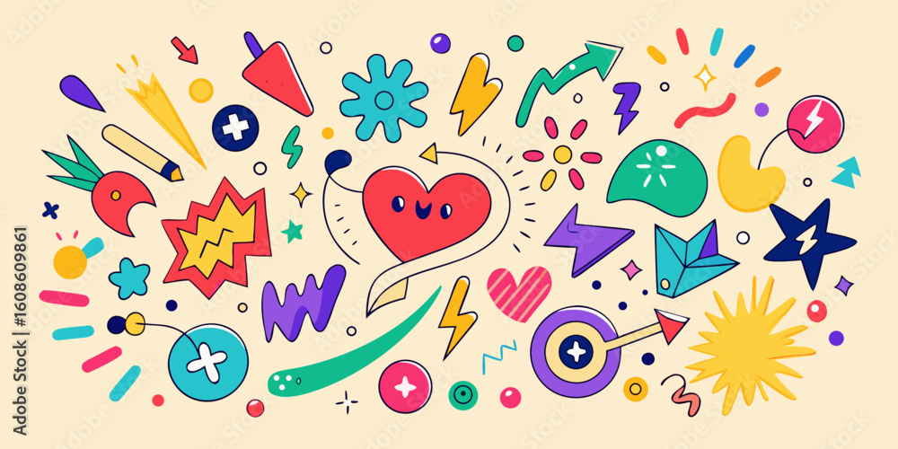 Naklejka premium Whimsical and Colorful Doodle Pattern with Abstract Shapes and Symbols Ideal for Backgrounds or Creative Design Projects