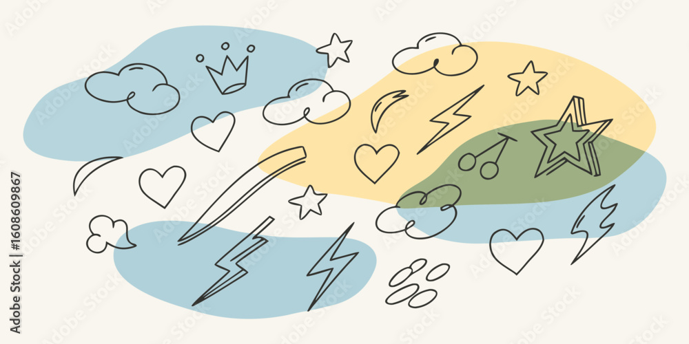 Naklejka premium Hand Drawn Doodle Icons on Pastel Background Includes Stars Hearts Clouds Lightning Bolts Cherries and a Crown