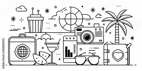 Line Art Illustration of Summer Vacation and Travel Essentials with Suitcases Camera and Tropical Elements in Black and White