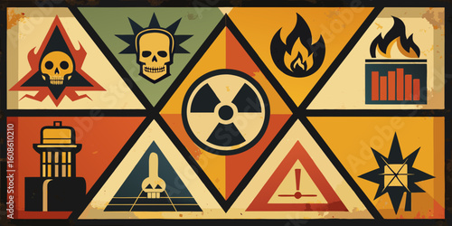 Retro Style Warning Signs with Skulls Fire Radiation and Exclamation Points in a Geometric Arrangement