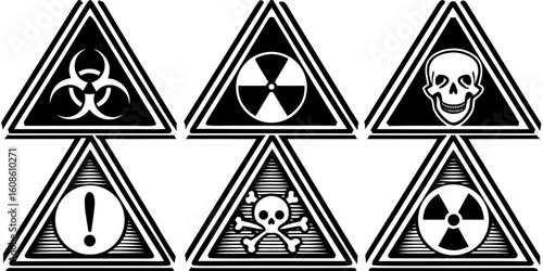 Collection of Hazardous Warning Signs in Black and White Including Biohazard Radiation Skull Exclamation Poison and Radioactive Symbols