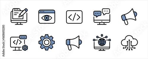 Developer & Digital Tools Icon Set – Coding, Communication, Cloud, SEO (Color Line Style)