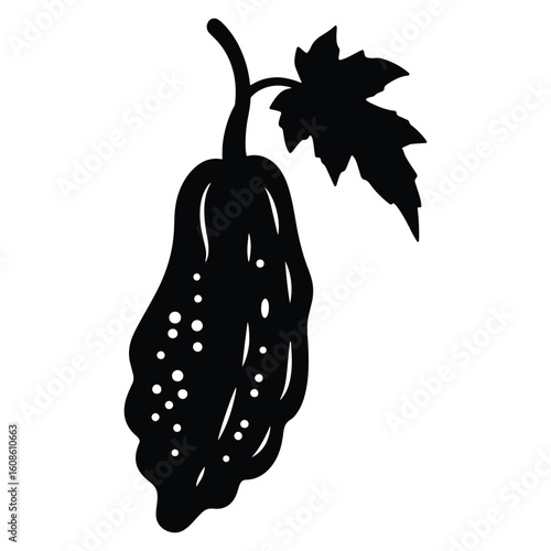 Elegant black and white silhouette of a bitter gourd vegetable with leaf and stem