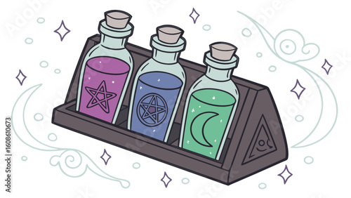 Magic potion bottles with pentagram and moon symbols for witchcraft and wiccan rituals illustration