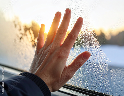 Hand Touching Foggy Glass: Human Finger Making Contact with Condensation on Window Surface, Moody and Emotional Scene Symbolizing Memory, Sadness, or Longing in a Close-Up Framing

