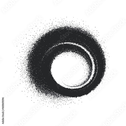Bold black abstract spray paint circle with granular texture, dynamic artistic grunge element