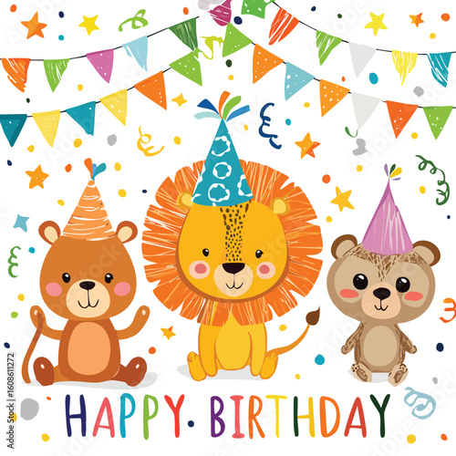 Adorable lion and bears celebrate birthday with festive bunting and confetti