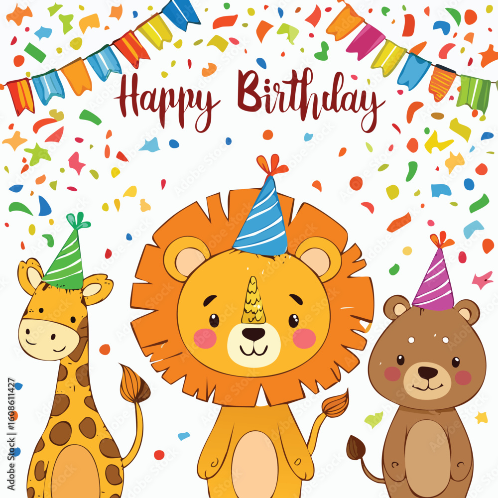 Naklejka premium Joyful birthday celebration with cute cartoon animals enjoying festive party atmosphere and confetti