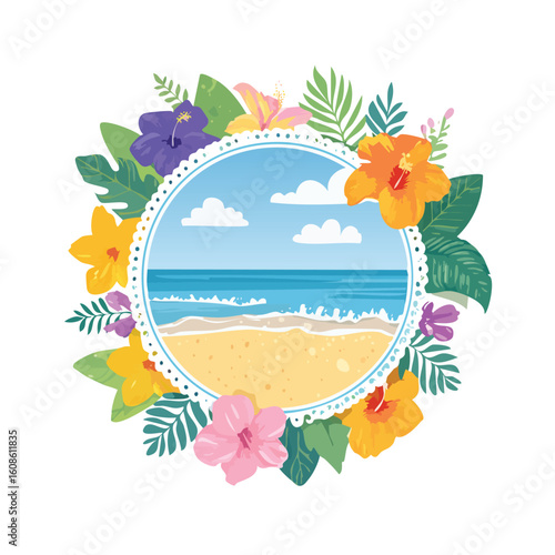 Vibrant tropical beach scene framed by colorful hibiscus flowers and lush foliage, evoking summer vacation bliss.