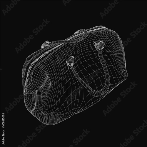 A 3D wireframe model of a duffel bag displayed on a sleek black background. The detailed mesh structure highlights realistic contours and dimensions. Perfect for design concepts.
