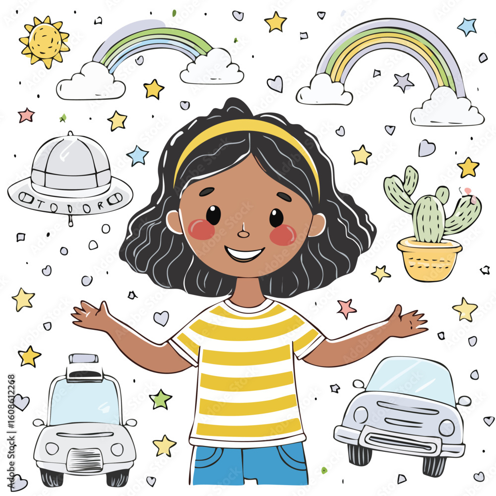 Fototapeta premium Joyful child surrounded by whimsical elements like rainbows, cars, and a sun, perfect for creative projects.