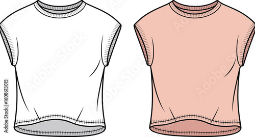Cad drawing flat vector illustration, sleeveless t-shirt, white top, pink fashion shirt, clothing template, garment design, apparel sketch