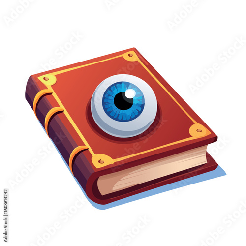 A mystical red book with a large blue eye on its cover. An ancient grimoire or spellbook for magic, sorcery, and fantasy.