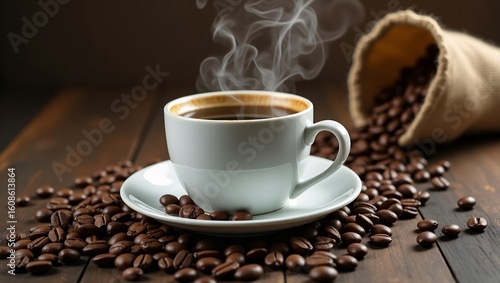 Cup coffee beans wooden