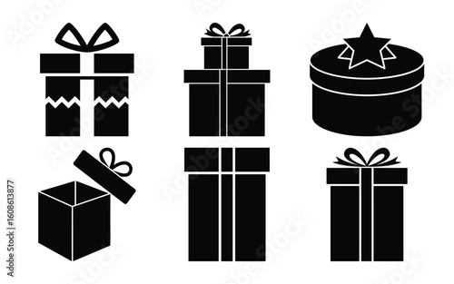 A set of six black gift boxes with ribbons and bows isolated on white background, perfect for any gifting event