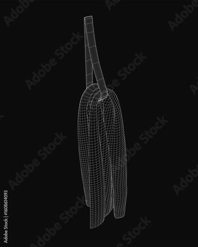 A white line drawing of a towel hanging on a hook in minimalist vector style with clean thin wireframe and negative space on a black background. The simple monochrome illustration has sharp details.