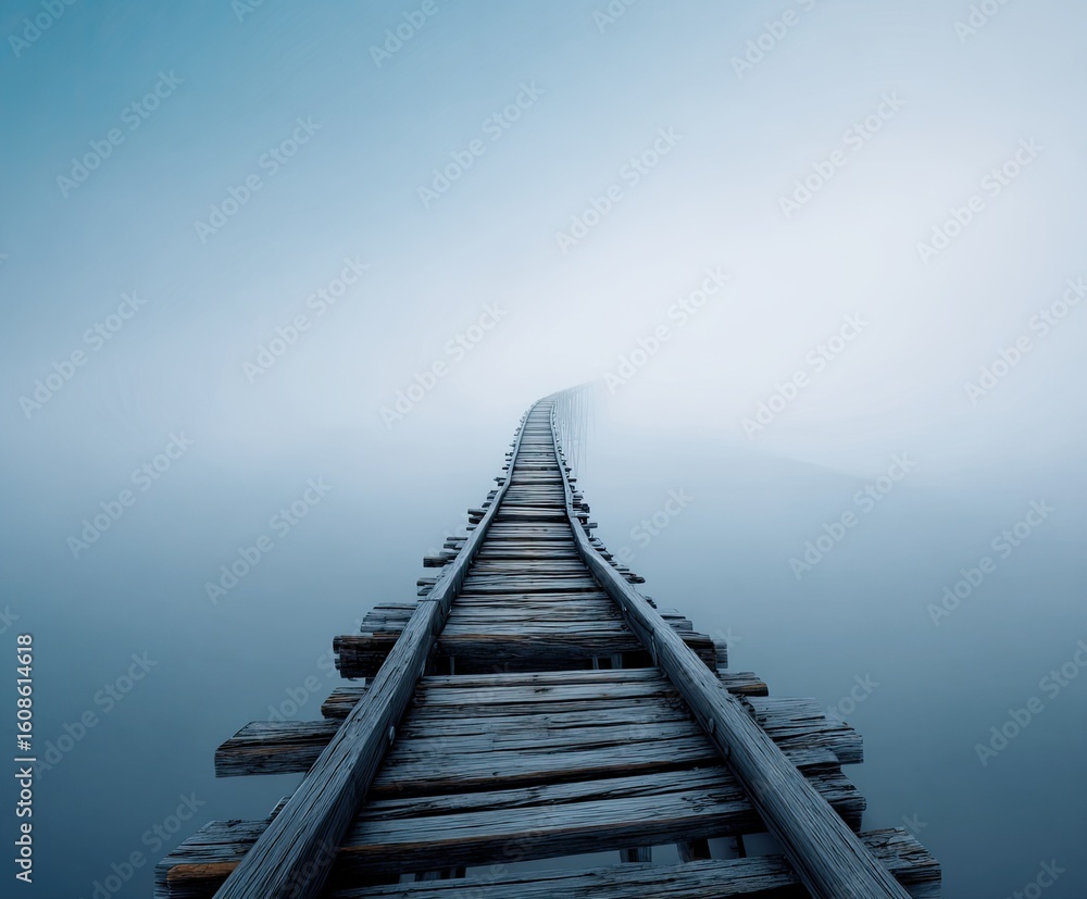 Fototapeta premium Misty wooden walkway stretches into a hazy horizon