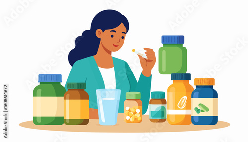Woman taking vitamins, health and wellness concept with supplements and healthy lifestyle
