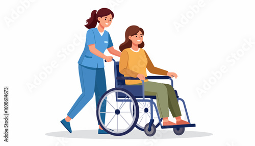 Caring nurse assisting patient in wheelchair, providing support and compassion for mobility