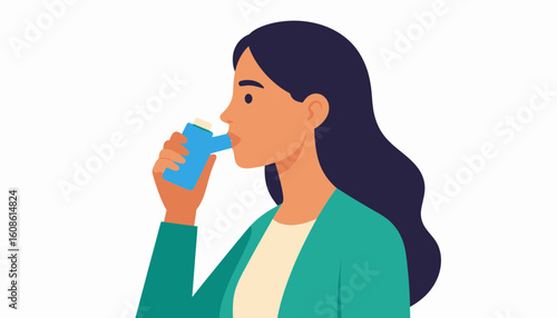 Woman using an inhaler for asthma relief, breathing treatment, health and wellness concept