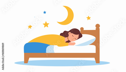 Peaceful woman sleeping soundly in bed under a moon and stars, dreaming peacefully