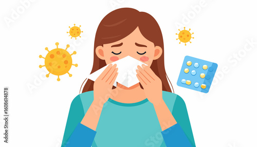 Woman with cold blowing nose near virus icons and medicine blister pack, feeling sick